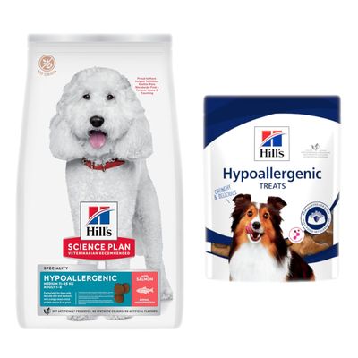 Hill's Science Plan Dry Dog Food + 2 x 200g Hill's Dog Treats Free! * - Hypoallergenic Adult 1 - 6 Medium with Salmon (14kg) + HypoAllergenic (2 x 200g)