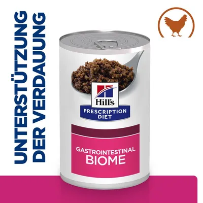 Boîte Hill's Prescription Diet Gastrointestinal Biome, texte allemand «UNTERSTÜTZUNG DER VERDAUUNG», illustration poulet, pâtée visible sur une cuillère.