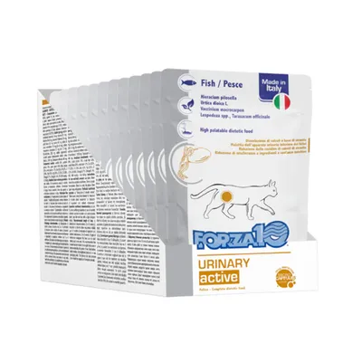 Forza10 Urinary Active kattenvoer, dieet, met vis. Made in Italy. Ondersteunt de gezondheid van de urinewegen. Verpakking toont ingrediënten en gebruiksaanwijzing.