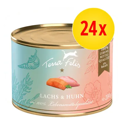 Terra Felis Lachs & Huhn, 24x200 g, 100% Lebensmittelqualität aller Rohstoffe. Na etykiecie łosoś i kurczak. Tekst w języku niemieckim.