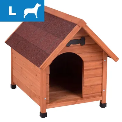 Wooden pet house with pitched roof, open entrance and bone-shaped decoration above the door. Blue label in corner shows large size with silhouette of animal and letter L. Wooden pet house with pitched roof, open entrance and bone-shaped decoration above the door. Blue label in corner shows large size with silhouette of animal and letter L.