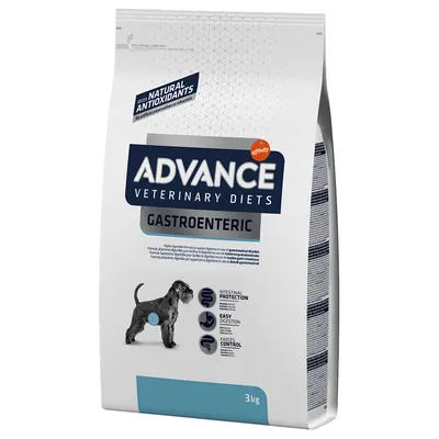 Advance Veterinary Diets Gastroenteric dog food, 3kg bag. Visible text: with natural antioxidants, intestinal protection, easy digestion, faeces control. Image of a dog on pack.