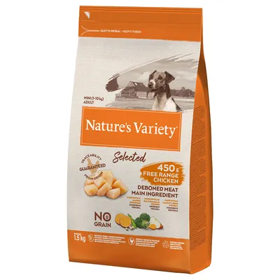 Nature's Variety Selected Mini Adult (1-10 kg), 450 g vapaana kasvanut kana, pääainesosa luuton liha, viljaton, 1,5 kg pakkaus.
