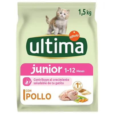 Ultima junior 1–12 meses kissanpentujen kuivaruoka, 1,5 kg. Con Pollo. Teksti espanjaksi: Contribuye al crecimiento saludable de tu gatito. Kuvassa kana ja viljaa.