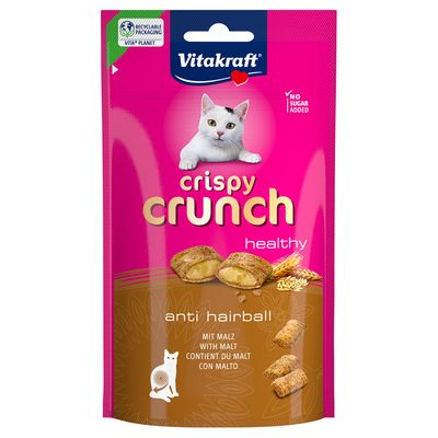 Vitakraft Crispy Crunch Anti-Hairball with malt, no added sugar. Healthy snacks for cats.