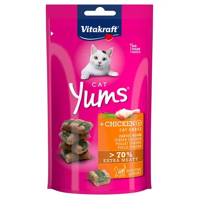 Vitakraft Cat Yums cu pui fraged și iarbă pentru pisici, peste 70% extra cărnos, susține digestia, fără adaos de zahăr.