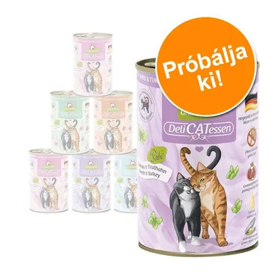 DeliCATessen macskaeledel konzerv, lila címkén két macskával, Próbálja ki! felirattal narancssárga körben. Ízesítés: bárány & pulyka. Több ízvariáció a háttérben.
