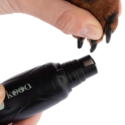 Lima elétrica de unhas da marca kooa, demonstrada numa pata de cão. Adequada para cortar garras com precisão.