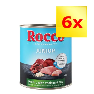 Rocco Junior, puszka 800 g, drób z dziczyzną i ryżem. Zestaw 6x. Widoczne napisy: supports healthy growth, poultry with venison & rice.