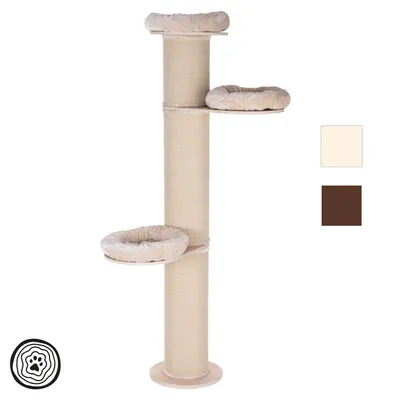 Krabpaal met drie ronde ligplaatsen, bekleed met stof en sisal. Verkrijgbaar in beige en bruin, kleuren zichtbaar rechts naast de krabpaal.