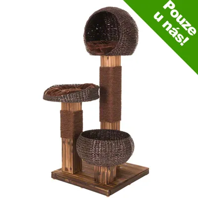 Škrabadlo pro kočky ze dřeva a tmavého proutí se třemi odpočívadly, nápis v rohu: Pouze u nás! Škrabadlo pro kočky ze dřeva a tmavého proutí se třemi odpočívadly, nápis v rohu: Pouze u nás!