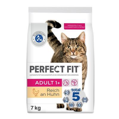 Perfect Fit Adult 1+ kattenvoer, reich an Huhn, total 5, 7 kg. Tekst: hergestellt aus hochwertigen Zutaten. Bevat afbeelding van een kat en pictogrammen.