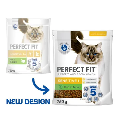 To poser Perfect Fit kattefoder, sensitive 1+, Rich in Turkey, total 5, 750 g. Tekst: SUPPORTS WHOLE BODY HEALTH, Vitality & Agility, Strong Muscles, NEW DESIGN, MADE WITH HIGH QUALITY INGREDIENTS.