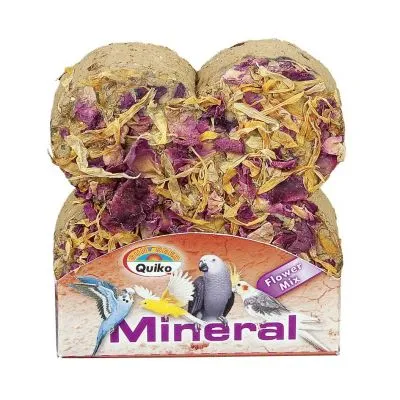 Quiko Mineral Flower Mix, blocchi minerali con petali per uccelli, confezione con immagini di pappagalli e scritte visibili: 'Quiko', 'Mineral', 'Flower Mix'.