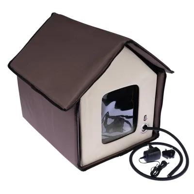 Brown, insulated pet house with window and electric heating cable. Includes power adapter and cable.