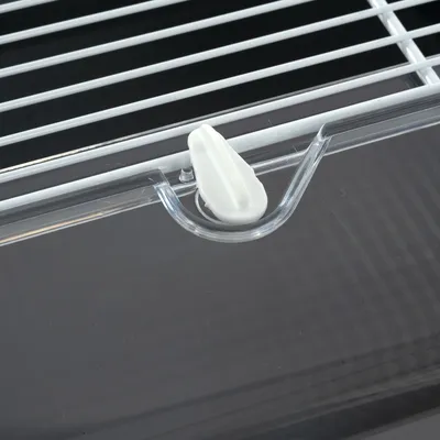 Détail d’une grille blanche en métal avec loquet de fermeture en plastique blanc sur couvercle transparent, vue rapprochée du système de verrouillage.