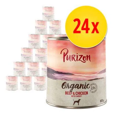 Lot de 24 boîtes Purizon Organic Beef & Chicken with Carrot, 800 g, texte visible : 13 % new recipe, illustration de chien sur l’étiquette.