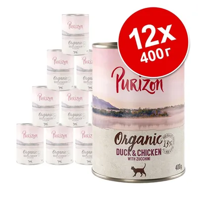 Purizon Organic Duck & Chicken with Zucchini, 12×400 г консерви за котки. Видими надписи: Organic, 13% high-quality meat in jelly, 400 г.