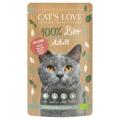 Sachet Cat's Love 100% Bio Adult, bœuf, sans céréales, avec oméga 3 & 6, taurine et vitamines, en gelée naturelle. Texte multilingue visible sur l'emballage.