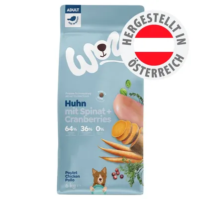 Huhn mit Spinat und Cranberries, 64% tierisches Protein, 36% pflanzliches Protein, 0% Getreide. Hergestellt in Österreich. Adult. 6 kg. Huhn mit Spinat und Cranberries, 64% tierisches Protein, 36% pflanzliches Protein, 0% Getreide. Hergestellt in Österreich. Adult. 6 kg.