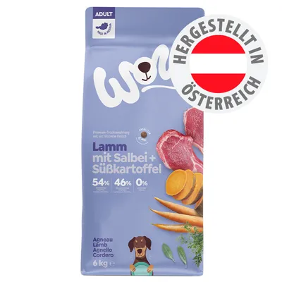 Lamm mit Salbei + Süßkartoffel, 54% tierisches Protein, 46% pflanzliches Protein, 0% Getreide. Hergestellt in Österreich. 6 kg Beutel. Lamm mit Salbei + Süßkartoffel, 54% tierisches Protein, 46% pflanzliches Protein, 0% Getreide. Hergestellt in Österreich. 6 kg Beutel.