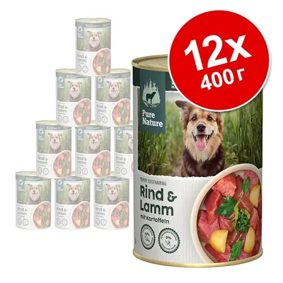 Комплект 12 консерви Pure Nature Rind & Lamm mit Kartoffeln, всяка по 400 г. На етикета има снимка на куче и купа с месо и картофи. Видим текст на немски език. Комплект 12 консерви Pure Nature Rind & Lamm mit Kartoffeln, всяка по 400 г. На етикета има снимка на куче и купа с месо и картофи. Видим текст на немски език.