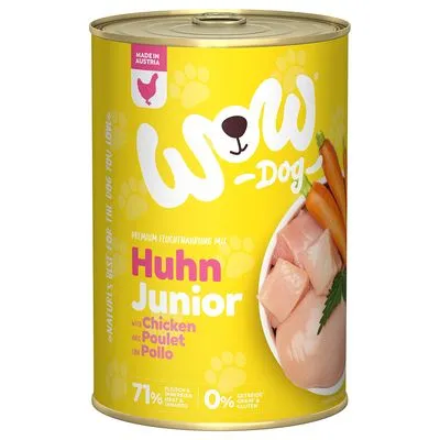 WOW Dog Huhn Junior natvoer, afbeelding van kip en wortel, tekst: 71% dierlijk eiwit, 0% granen & gluten, met Chicken/Poulet/Pollo, Made in Austria zichtbaar op het blik. WOW Dog Huhn Junior natvoer, afbeelding van kip en wortel, tekst: 71% dierlijk eiwit, 0% granen & gluten, met Chicken/Poulet/Pollo, Made in Austria zichtbaar op het blik.