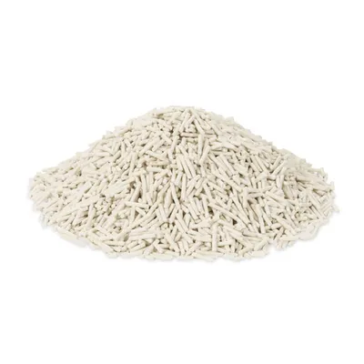 Pile of white, elongated pellets. Product image with no further visible information.