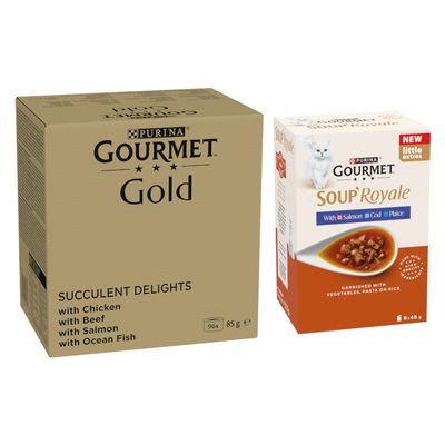 Purina Gourmet Gold Ragout rafinat, 96x conserve în sortimente diferite. Ambalaj și imagini ale produsului vizibile.