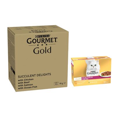 Cutie Purina Gourmet Gold, 12 x 85 g, les timbales avec des légumes. Imagine cu o pisică albă și porție de hrană umedă pe farfurie. Text în franceză și olandeză pe ambalaj.