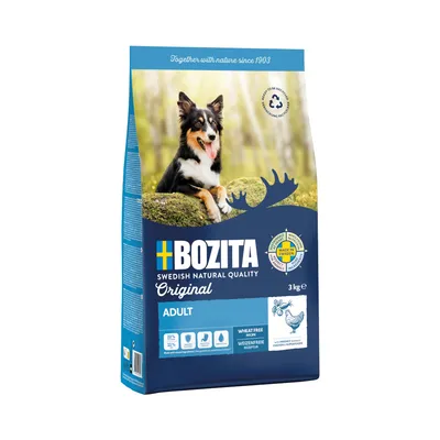 Bozita Original Adult, svensk kvalitet, vetefritt recept, 3 kg. Tillverkad i Sverige, med kyckling och kycklinghjärtan. Protein 22 %, fett 11 %. Förpackning visar hund och återvinningssymbol.