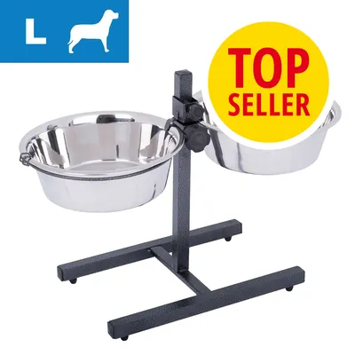 Dwie metalowe miski na stojaku, rozmiar L dla psa, żółty okrąg z napisem TOP SELLER w czerwonym kolorze