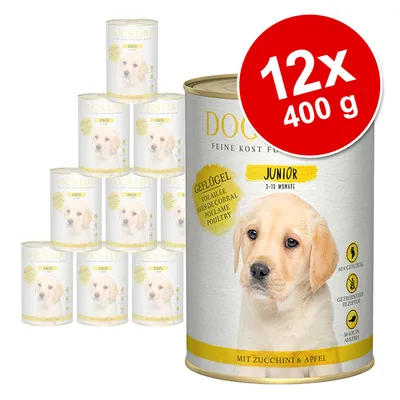 DOG'S LOVE Junior hundefoder, 12x400 g dåser. Synlig tekst: Geflügel, Junior 2–12 Monate, 60% Geflügel, Getreidefreie Rezeptur, Made in Austria, mit Zucchini & Apfel. DOG'S LOVE Junior hundefoder, 12x400 g dåser. Synlig tekst: Geflügel, Junior 2–12 Monate, 60% Geflügel, Getreidefreie Rezeptur, Made in Austria, mit Zucchini & Apfel.
