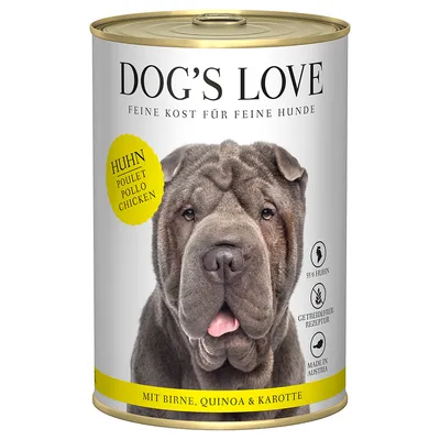 Dog's Love cibo per cani con pollo, pera, quinoa e carota. 55% pollo, ricetta senza cereali, prodotto in Austria.