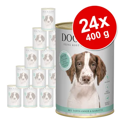 DOG'S LOVE hundemad, 24x400 g dåser. Synlig tekst: ENTE, HYPOALLERGEN, MADE IN AUSTRIA, MIT TOPINAMBUR & KAROTTE, billede af hund på emballagen. DOG'S LOVE hundemad, 24x400 g dåser. Synlig tekst: ENTE, HYPOALLERGEN, MADE IN AUSTRIA, MIT TOPINAMBUR & KAROTTE, billede af hund på emballagen.