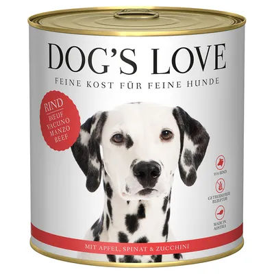 Dog's Love Feine Kost per cani raffinati, manzo con mela, spinaci e zucchine. 55% manzo, ricetta senza cereali, Made in Austria.