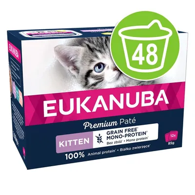 Опаковка Eukanuba Premium Paté Kitten, 100% Animal protein, Grain Free, Mono-Protein, 12x85 г. Зелен символ с кофа и числото 48. Опаковка Eukanuba Premium Paté Kitten, 100% Animal protein, Grain Free, Mono-Protein, 12x85 г. Зелен символ с кофа и числото 48.