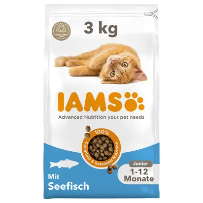 IAMS Junior cat food with sea fish, 3 kg, for cats aged 1-12 months. 100% complete & balanced nutrition. Recyclable packaging.