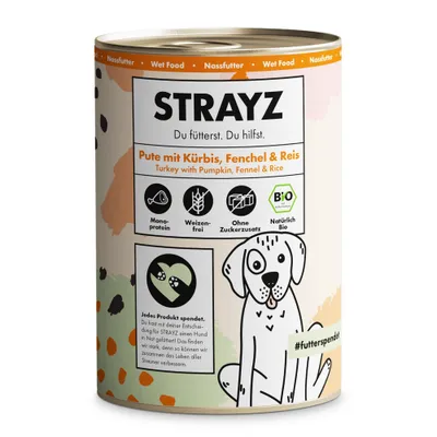 STRAYZ bio 6 x 400 g - Biologische kalkoen met biologische pompoen, biologische venkel & rijst