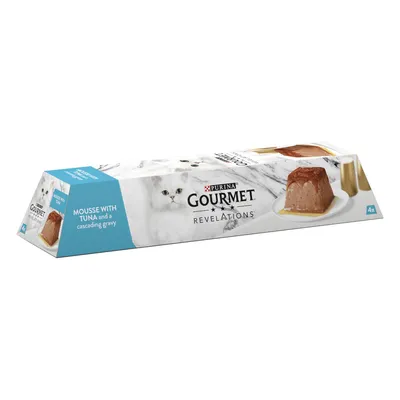 Gourmet Revelations mousse with tuna and a cascading gravy, 4 pack. Image shows product packaging and a serving suggestion of the mousse on a plate.