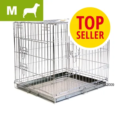 Metalowa klatka dla psa, rozmiar M, oznaczenie TOP SELLER na żółtym tle. Widoczne drzwiczki i metalowa podłoga.