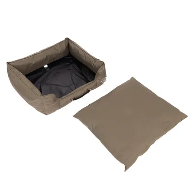 Brun säng för husdjur med avtagbar kudde, rektangulär form, lämplig för inomhusbruk.