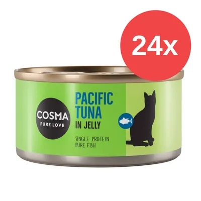 Cosma Pure Love Pacific Tuna in Jelly, Single Protein Pure Fish, 24x Dosen. Grünes Design mit Silhouette einer Katze und Fischsymbol.