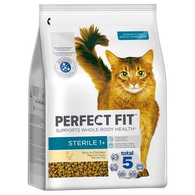 Perfect Fit Sterile 1+ kattenvoer, rijk aan kip. Tekst: supports whole body health, total 5, made with high quality ingredients. Afbeelding van een oranje kat op de verpakking.