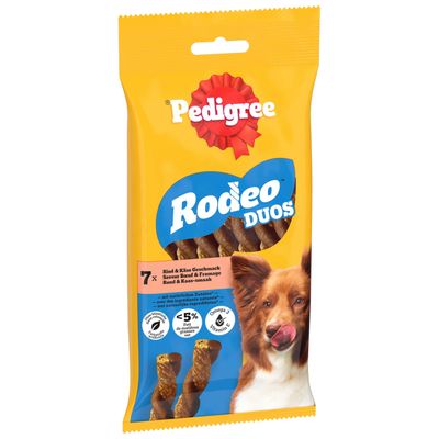 Pedigree Rodeo Duos, beef and cheese flavour, less than 5% fat, omega 3 and vitamin E. Pack of 7 chew sticks.