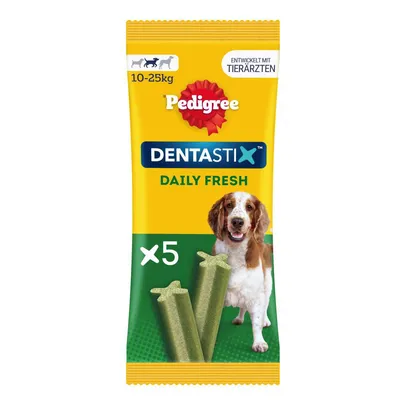 Pedigree Dentastix Daily Fresh, lämplig för hundar 10–25 kg, förpackning med 5 stycken, utvecklad med veterinärer.