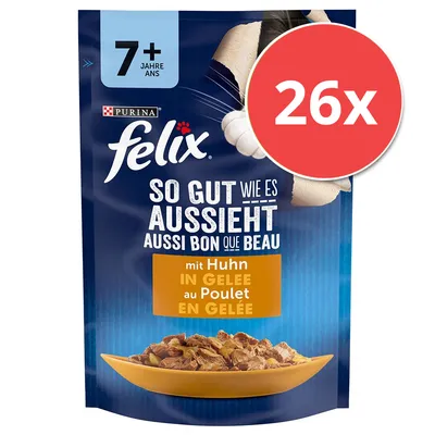 Purina Felix Katzenfutter, ab 7 Jahren, mit Huhn in Gelee, Packung enthält 26 Portionen.
