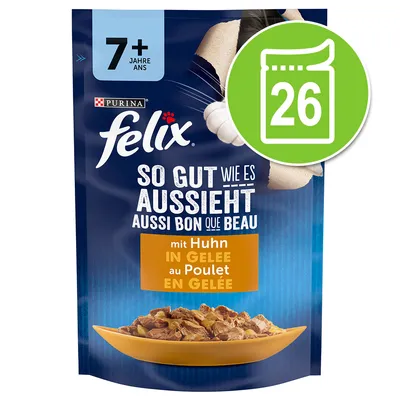 Purina Felix So gut wie es aussieht, de la 7 ani, cu pui în aspic. Pachetul conține 26 porții.