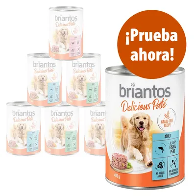 Latas de comida para perros briantos Delicious Paté, receta sin cereales, variedad Adult con pescado y guisantes, 400 g. Texto visible: ¡Prueba ahora! No sugar added, no artificial flavourings.
