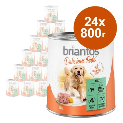 24 консерви по 800 г briantos Delicious Paté, Adult, Grain-Free Recipe, Wild Lamb & Carrots, без добавена захар и изкуствени аромати. Видими са опаковките и етикетите. 24 консерви по 800 г briantos Delicious Paté, Adult, Grain-Free Recipe, Wild Lamb & Carrots, без добавена захар и изкуствени аромати. Видими са опаковките и етикетите.